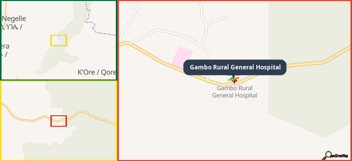 Map showing the address of Gambo Rural General Hospital in three different zoom levels.