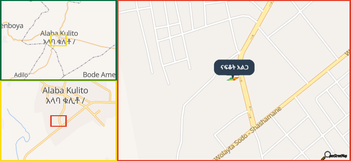 Map showing the address of ናፍቆት አልጋ in three different zoom levels.