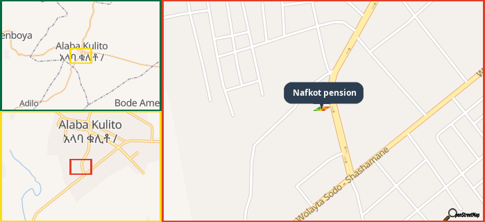 Map showing the address of Nafkot pension in three different zoom levels.