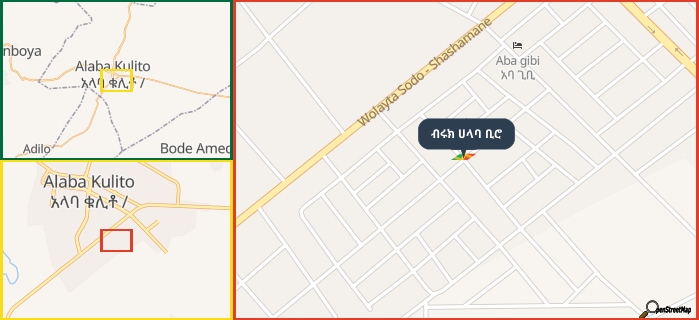 Map showing the address of ብሩክ ሀላባ ቢሮ in three different zoom levels.