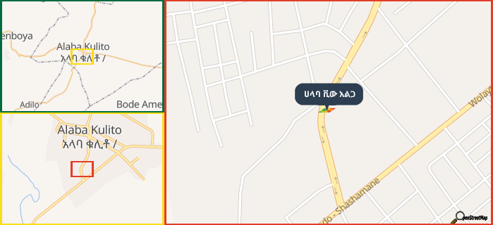 Map showing the address of ሀላባ ቪው አልጋ in three different zoom levels.