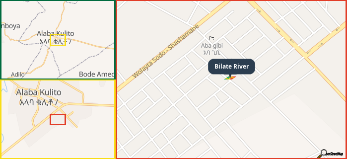Map showing the address of Bilate River in three different zoom levels.