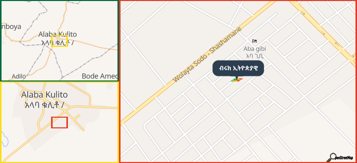 Map showing the address of ብሩክ ኢትዮጵያዊ in three different zoom levels.