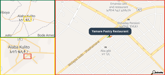 Map showing the address of Yamare Pastry Restaurant in three different zoom levels.