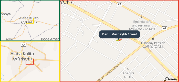 Map showing the address of Darul Mashaykh Street in three different zoom levels.