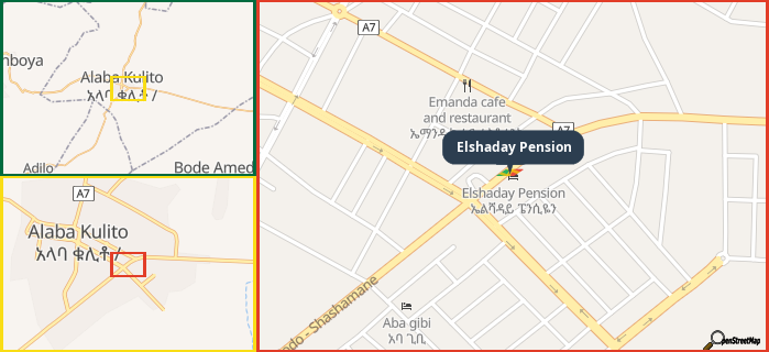 Map showing the address of Elshaday Pension in three different zoom levels.