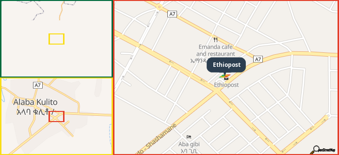 Map showing the address of Ethiopost in three different zoom levels.
