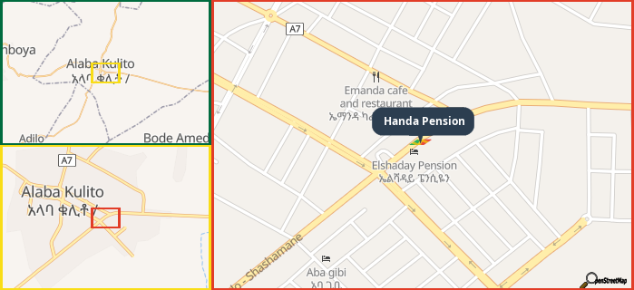 Map showing the address of Handa Pension in three different zoom levels.