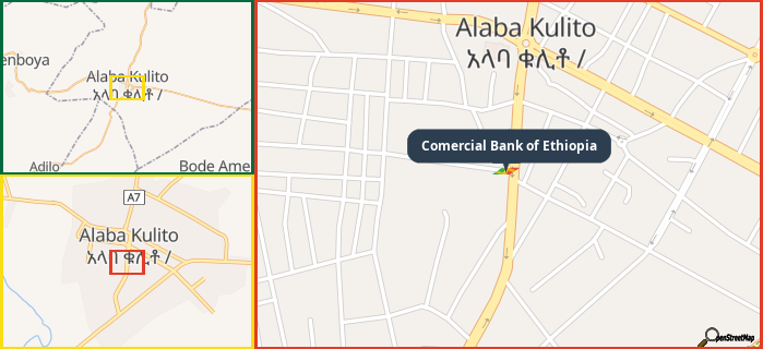Map showing the address of Comercial Bank of Ethiopia in three different zoom levels.