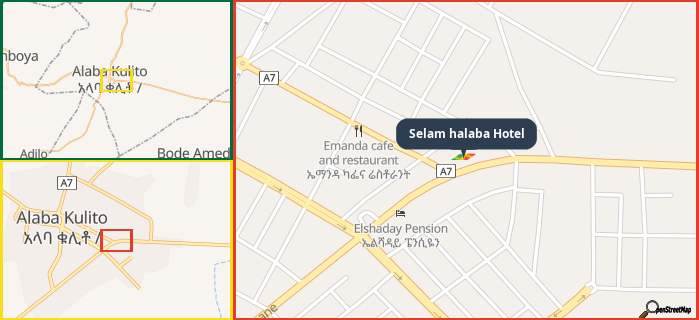 Map showing the address of Selam halaba Hotel in three different zoom levels.