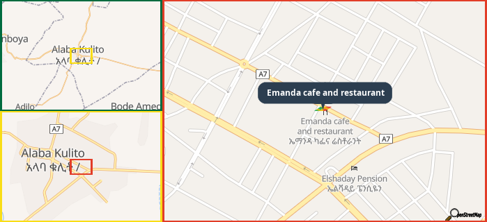 Map showing the address of Emanda cafe and restaurant in three different zoom levels.