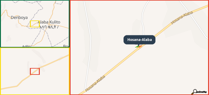 Map showing the address of Hosana-Alaba in three different zoom levels.