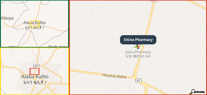 Map showing the address of Sitina Pharmacy in three different zoom levels.