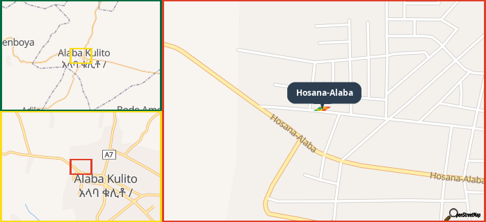 Map showing the address of Hosana-Alaba in three different zoom levels.