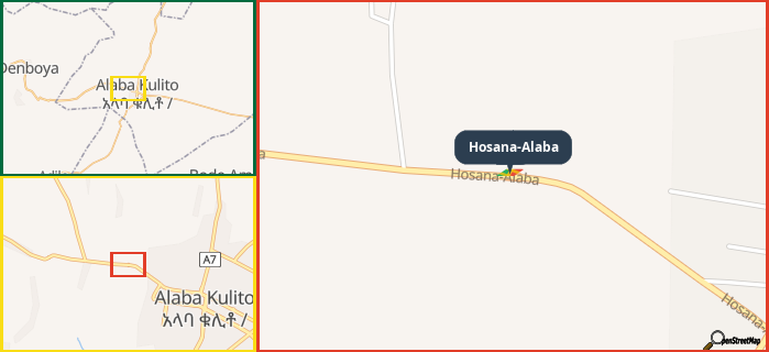 Map showing the address of Hosana-Alaba in three different zoom levels.