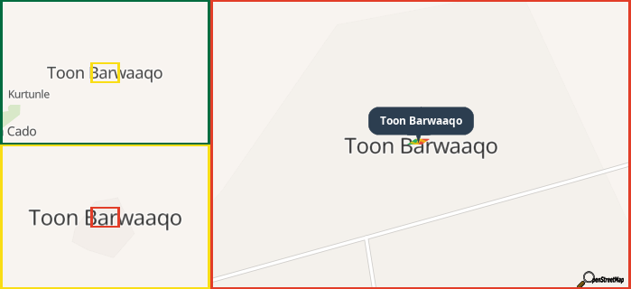 Map showing the address of Toon Barwaaqo in three different zoom levels.