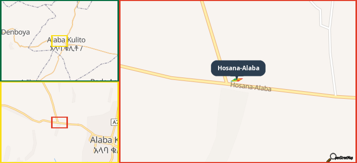 Map showing the address of Hosana-Alaba in three different zoom levels.