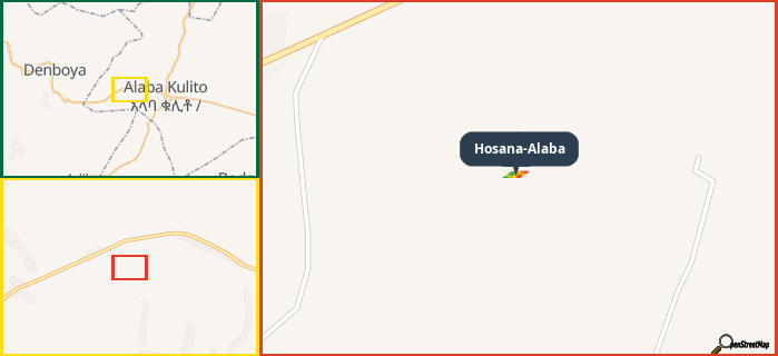 Map showing the address of Hosana-Alaba in three different zoom levels.