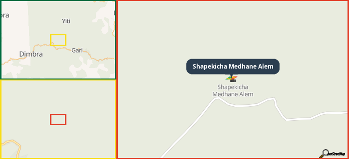 Map showing the address of Shapekicha Medhane Alem in three different zoom levels.