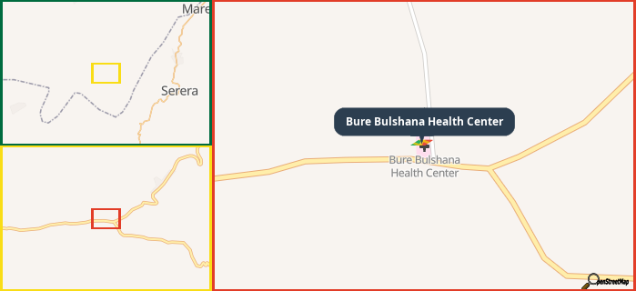 Map showing the address of Bure Bulshana Health Center in three different zoom levels.