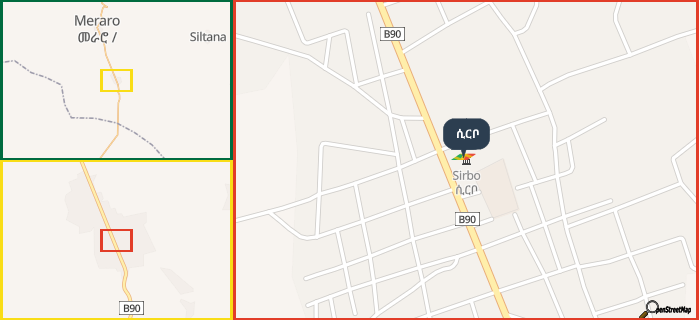 Map showing the address of ሲርቦ in three different zoom levels.