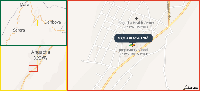 Map showing the address of አንጋጫ መሰናዶ ት/ቤት in three different zoom levels.