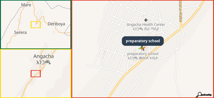 Map showing the address of preparatory school in three different zoom levels.