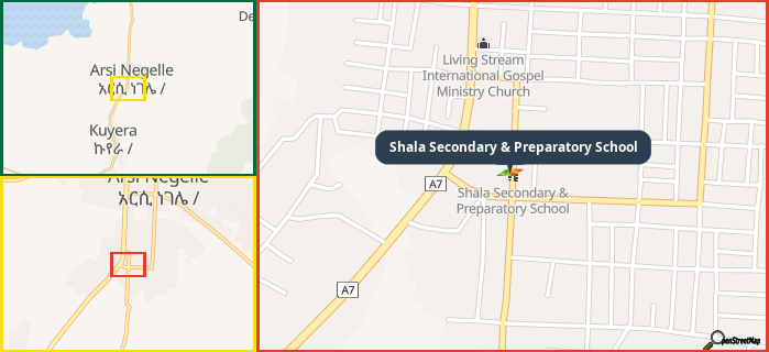 Map showing the address of Shala Secondary & Preparatory School in three different zoom levels.