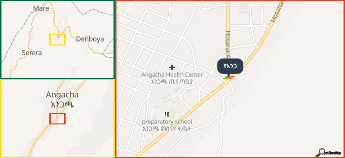 Map showing the address of የአንጋ in three different zoom levels.