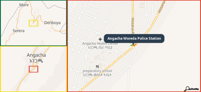 Map showing the address of Angacha Woreda Police Station in three different zoom levels.