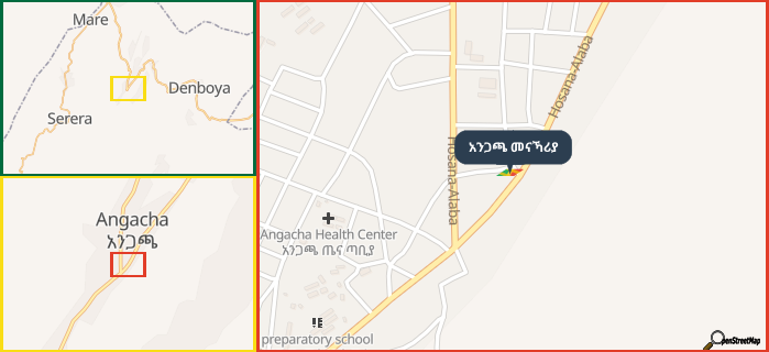 Map showing the address of አንጋጫ መናኻሪያ in three different zoom levels.