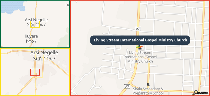 Map showing the address of Living Stream International Gospel Ministry Church in three different zoom levels.