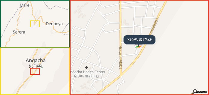 Map showing the address of አንጋጫ መናኸሪያ in three different zoom levels.