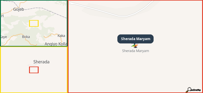 Map showing the address of Sherada Maryam in three different zoom levels.