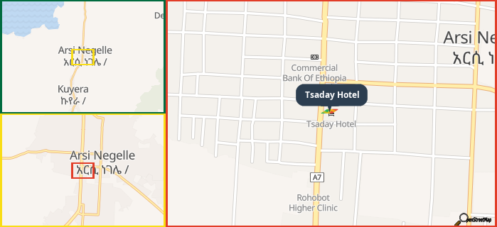 Map showing the address of Tsaday Hotel in three different zoom levels.