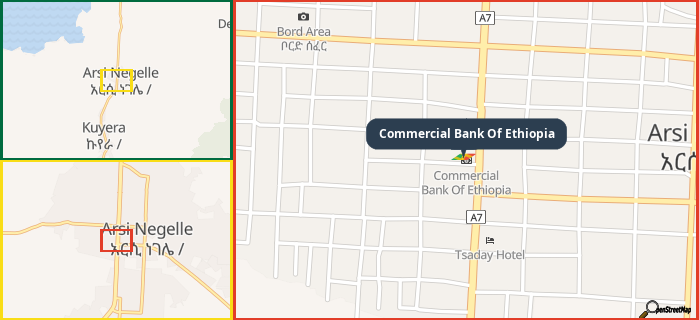 Map showing the address of Commercial Bank Of Ethiopia in three different zoom levels.