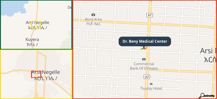 Map showing the address of Dr. Beny Medical Center in three different zoom levels.