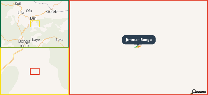 Map showing the address of Jimma - Bonga in three different zoom levels.