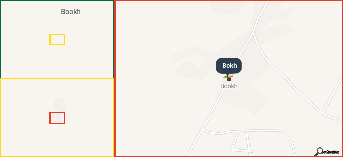 Map showing the address of Bokh in three different zoom levels.