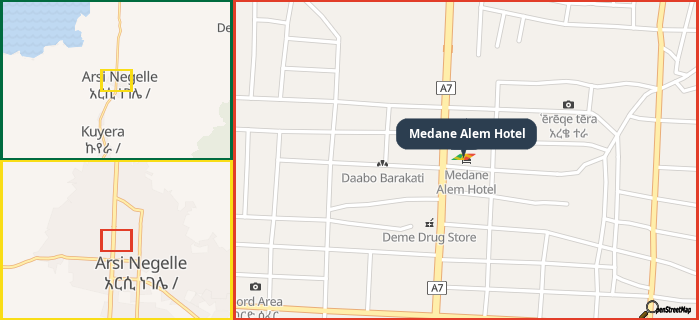 Map showing the address of Medane Alem Hotel in three different zoom levels.