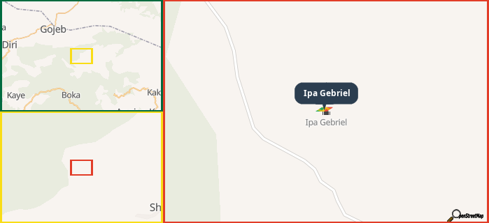 Map showing the address of Ipa Gebriel in three different zoom levels.