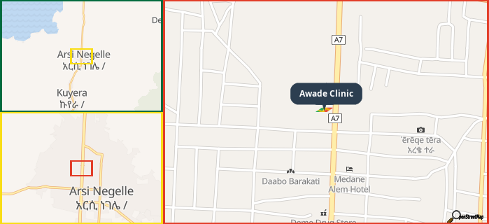 Map showing the address of Awade Clinic in three different zoom levels.