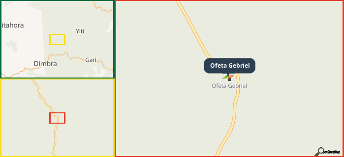 Map showing the address of Ofeta Gebriel in three different zoom levels.
