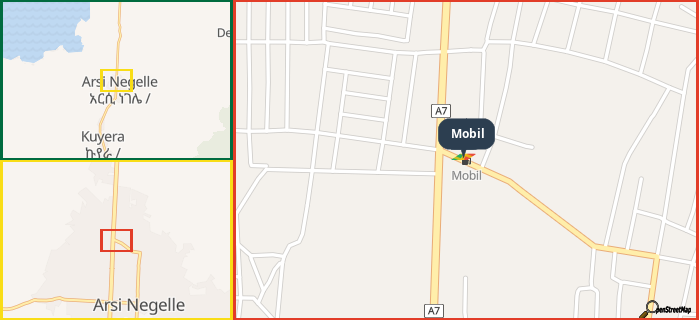 Map showing the address of Mobil in three different zoom levels.