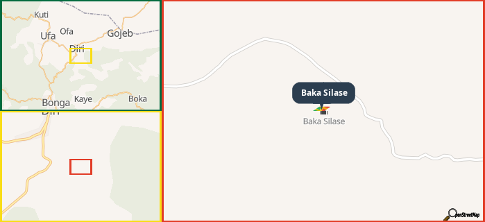Map showing the address of Baka Silase in three different zoom levels.