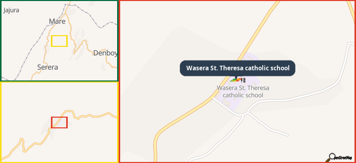 Map showing the address of Wasera St. Theresa catholic school in three different zoom levels.