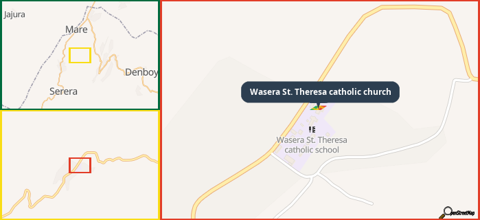 Map showing the address of Wasera St. Theresa catholic church in three different zoom levels.
