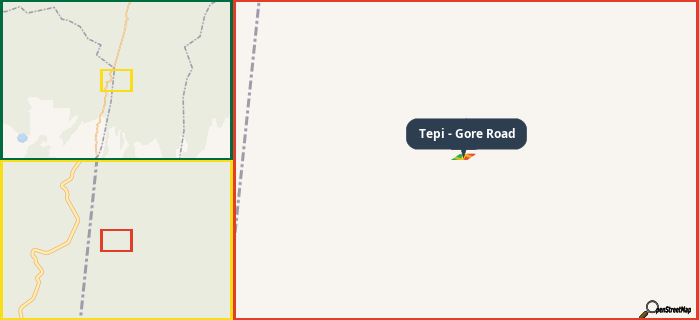 Map showing the address of Tepi - Gore Road in three different zoom levels.