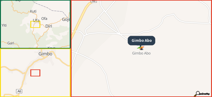 Map showing the address of Gimbo Abo in three different zoom levels.