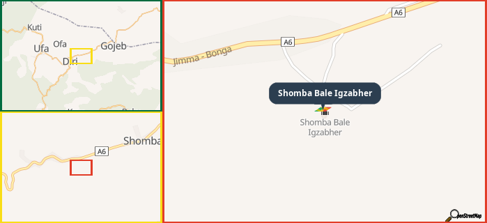 Map showing the address of Shomba Bale Igzabher in three different zoom levels.